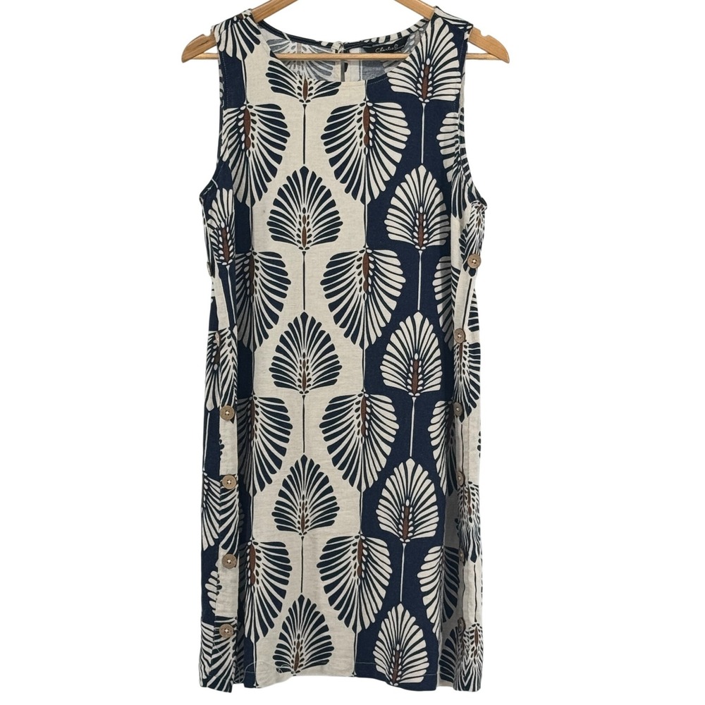Charlie B Navy Cream Palm Fan Print Linen Blend Shift Dress Side Buttons Medium